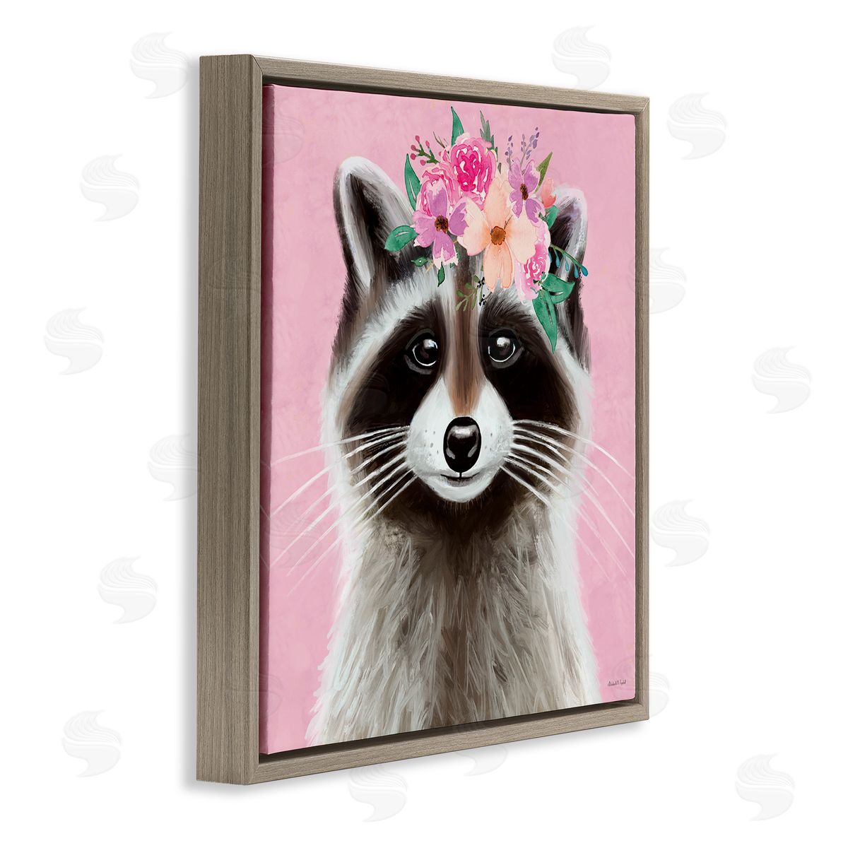 Pink Florals Raccoon Brown Floating Frame Canvas Wall Art, Home Decor by Elizabeth Tyndall