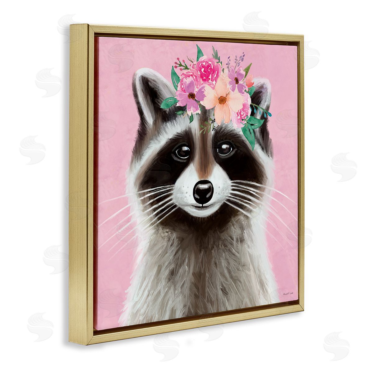 Pink Florals Raccoon Gold Floating Frame Canvas Wall Art, Home Decor by Elizabeth Tyndall