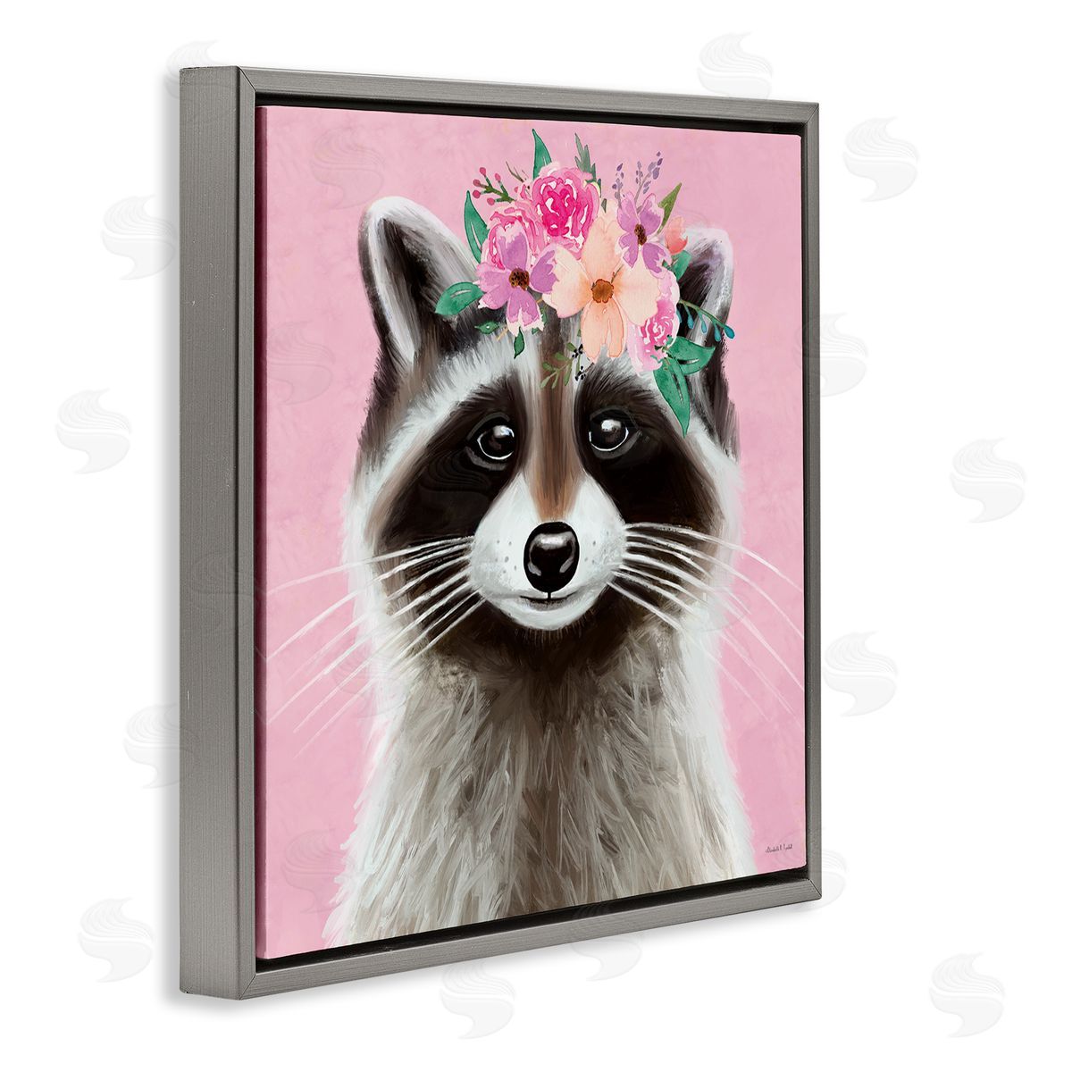 Pink Florals Raccoon Grey Floating Frame Canvas Wall Art, Home Decor by Elizabeth Tyndall