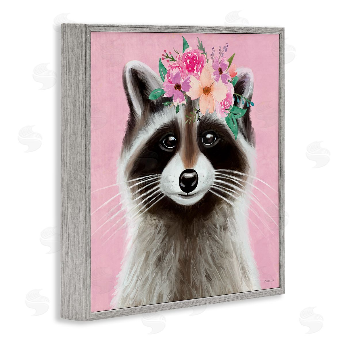 Pink Florals Raccoon Grey Frame Print Wall Art, Home Decor by Elizabeth Tyndall