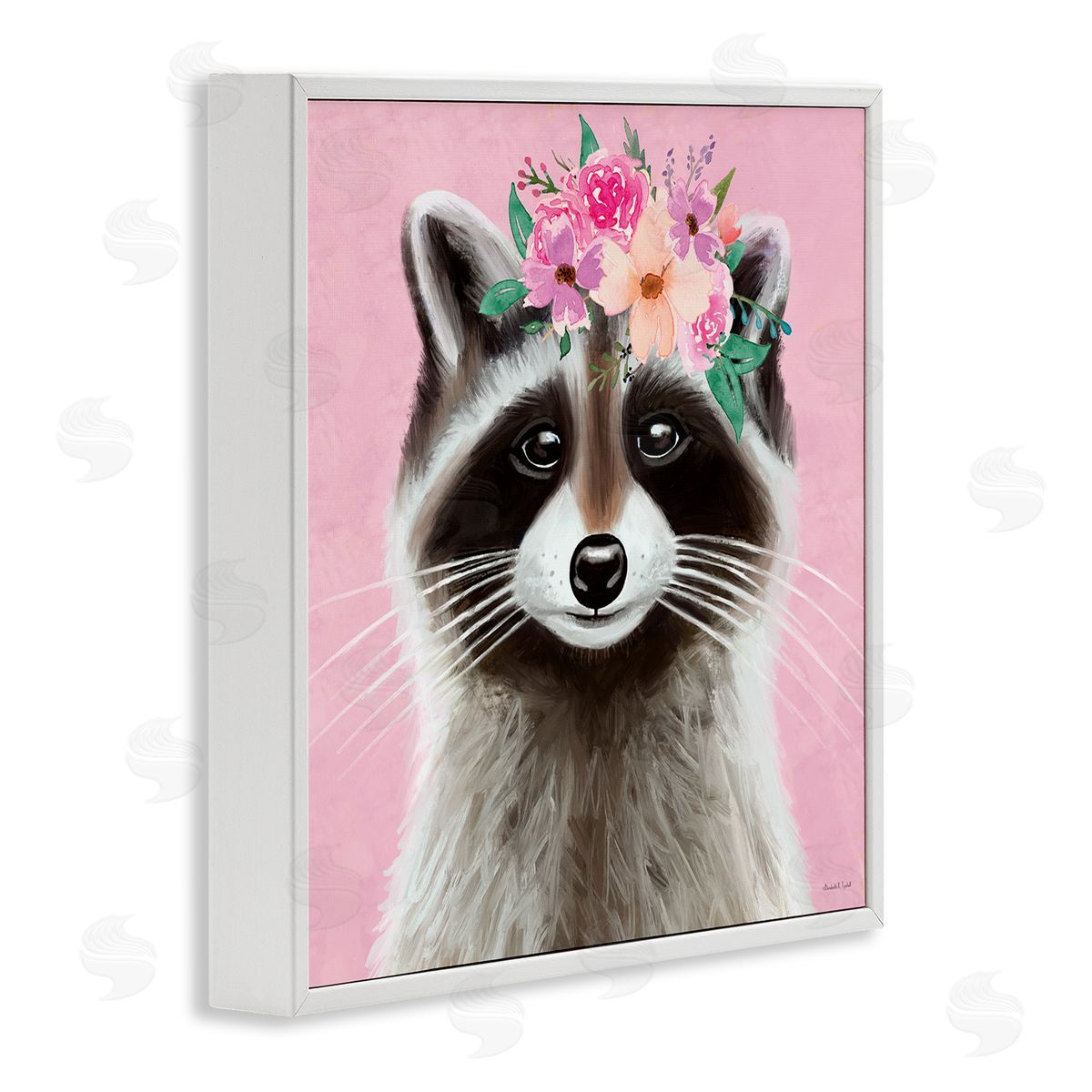 Pink Florals Raccoon White Frame Print Wall Art, Home Decor by Elizabeth Tyndall