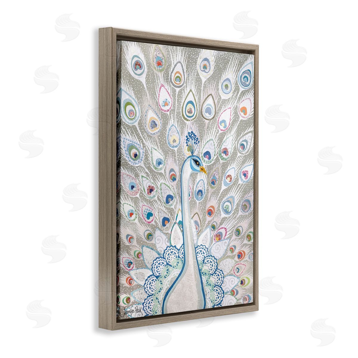 Neutral Peacock Tail Pattern Brown Floating Frame Canvas Wall Art, Home Decor by Jennifer Peck