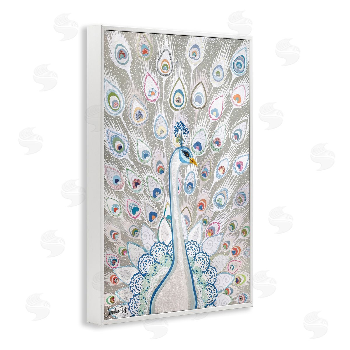 Neutral Peacock Tail Pattern White Frame Print Wall Art, Home Decor by Jennifer Peck