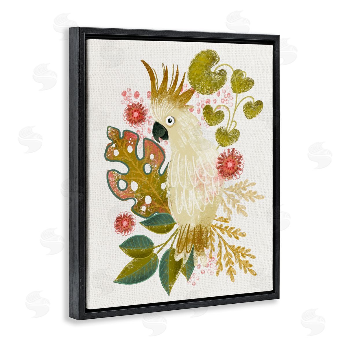 Cockatoo and Tropical Leaves Black Floating Frame Canvas Wall Art, Home Decor by Fineapple Pear