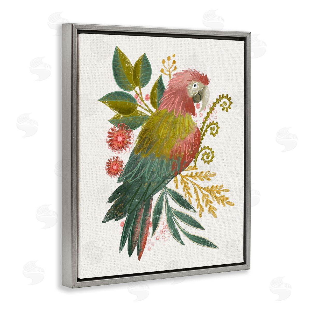 Parrot with Eclectic Leaves Grey Floating Frame Canvas Wall Art, Home Decor by Fineapple Pear