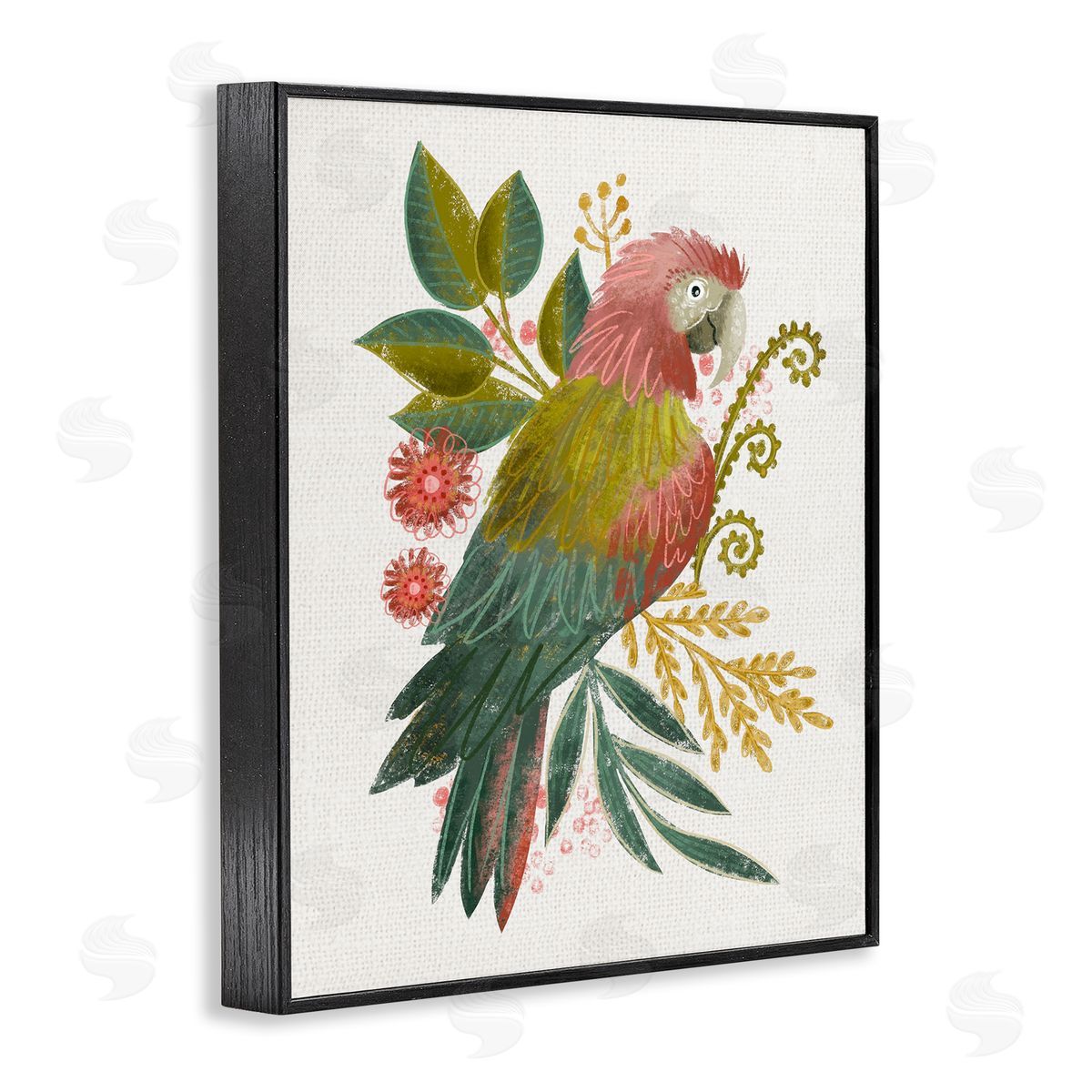 Parrot with Eclectic Leaves Black Frame Print Wall Art, Home Decor by Fineapple Pear