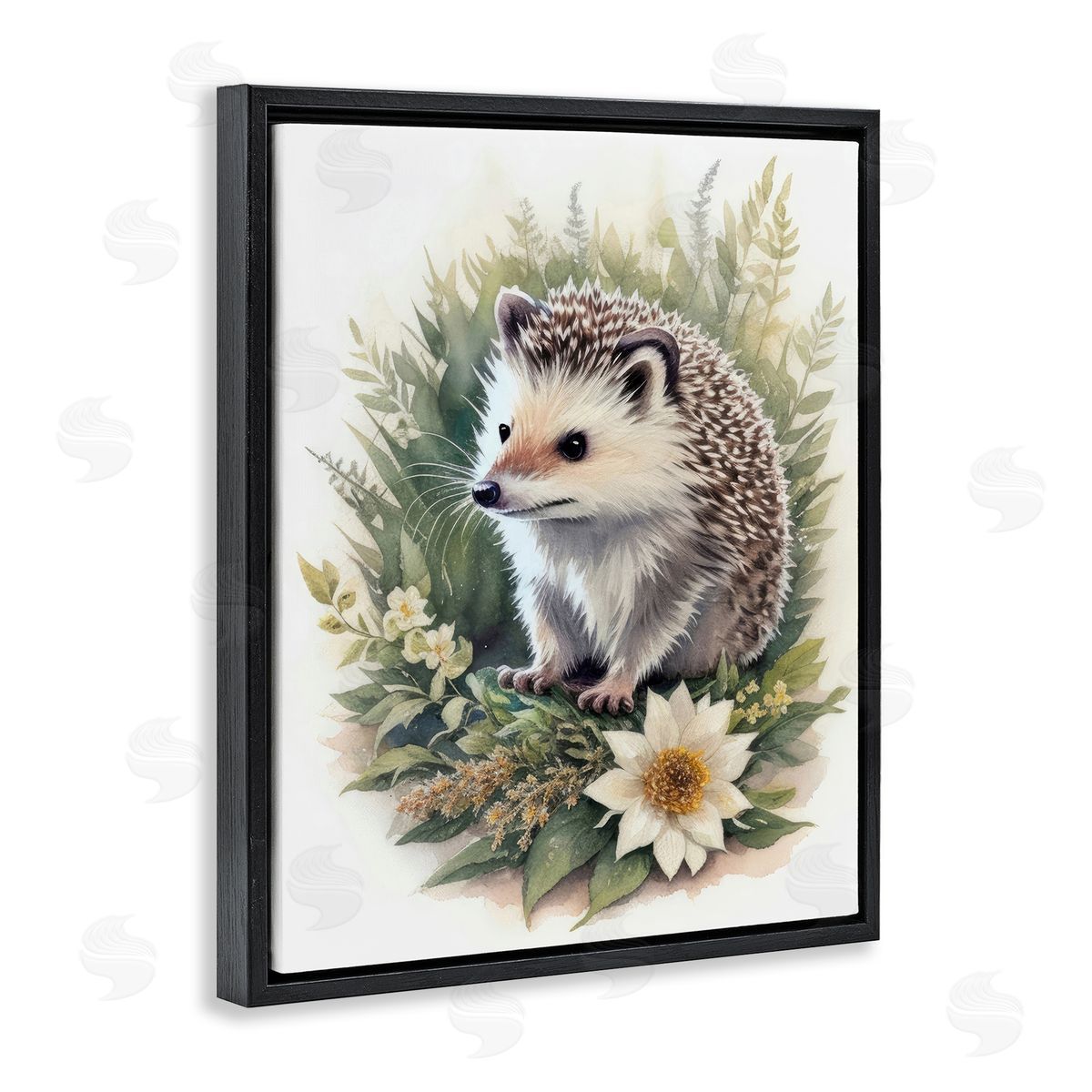 Hedgehog and White Flower Black Floating Frame Canvas Wall Art, Home Decor by Denise Dundon