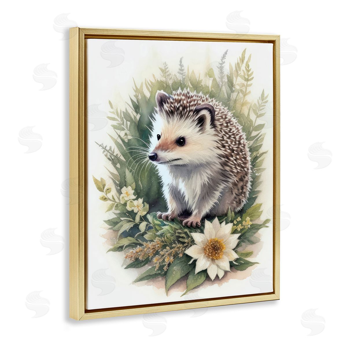 Hedgehog and White Flower Gold Floating Frame Canvas Wall Art, Home Decor by Denise Dundon