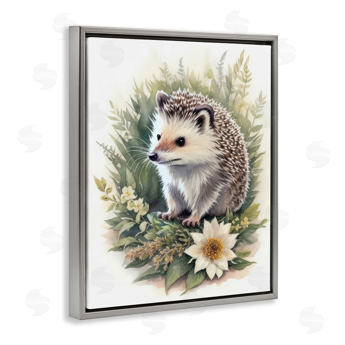 Hedgehog and White Flower Grey Floating Frame Canvas Wall Art, Home Decor by Denise Dundon