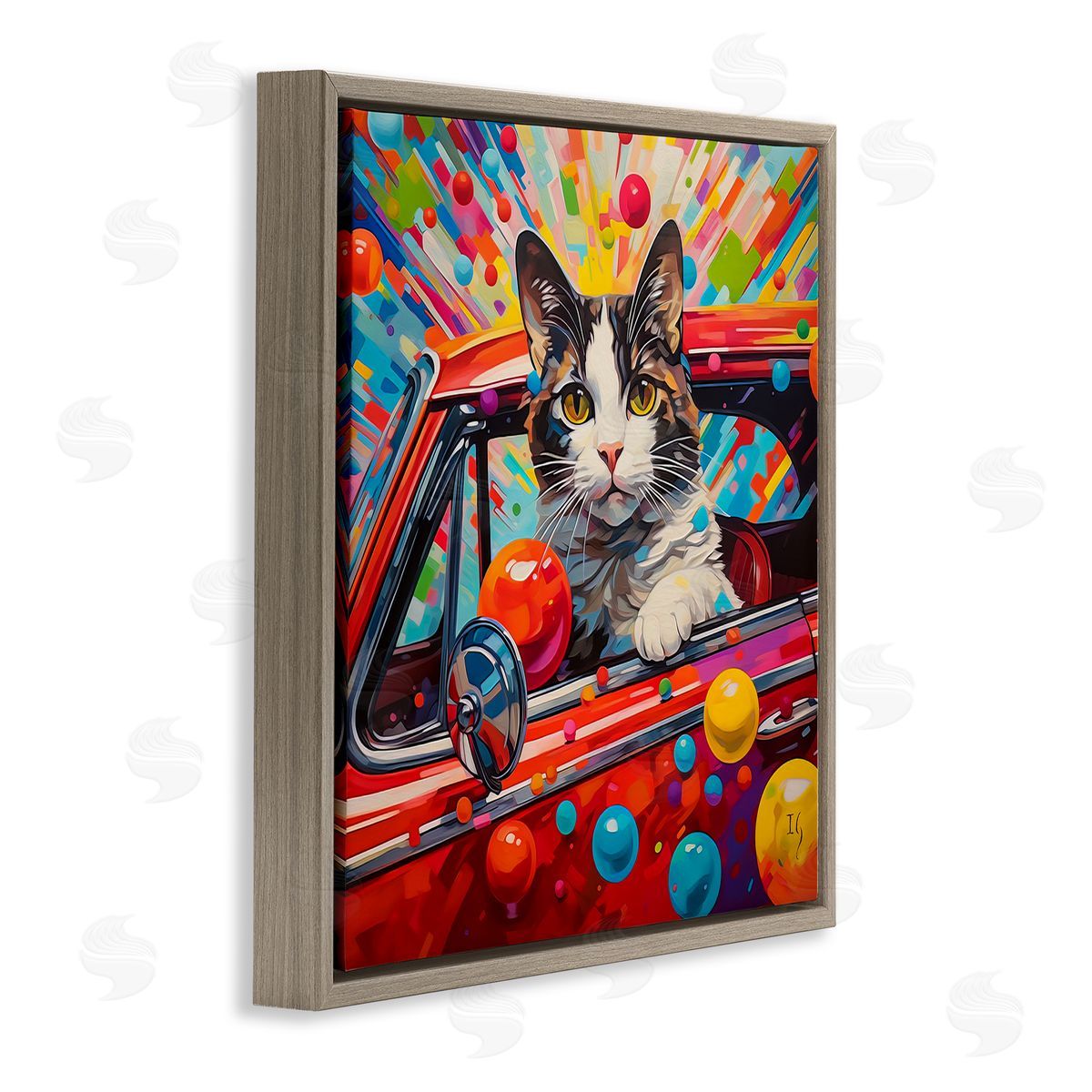 Driving Cat with Bold Pattern Brown Floating Frame Canvas Wall Art, Home Decor by Ivan Guaderrama