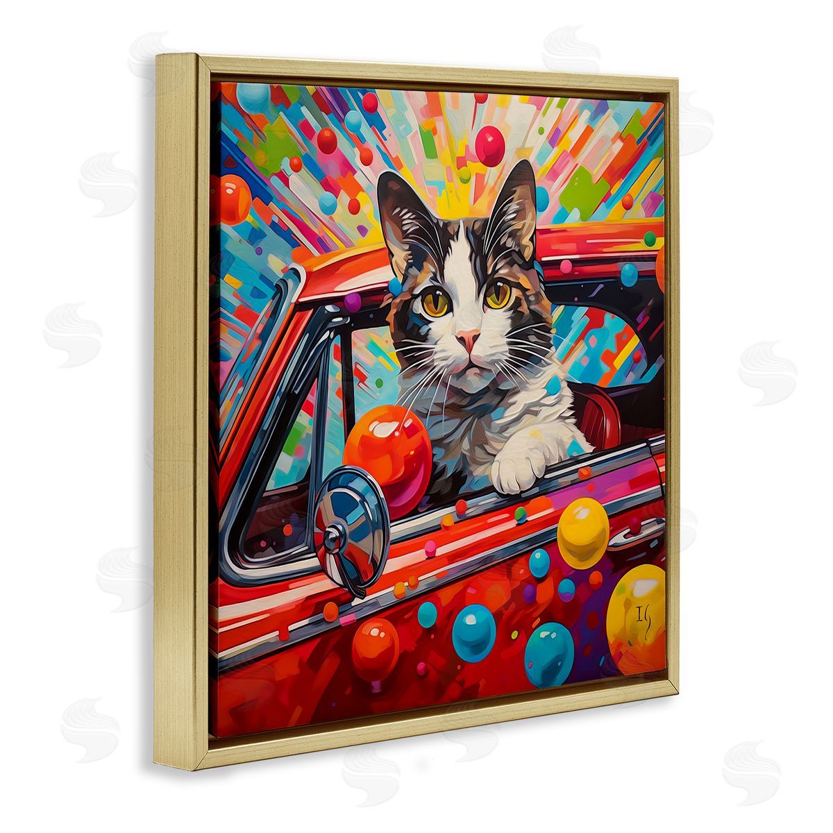 Driving Cat with Bold Pattern Gold Floating Frame Canvas Wall Art, Home Decor by Ivan Guaderrama