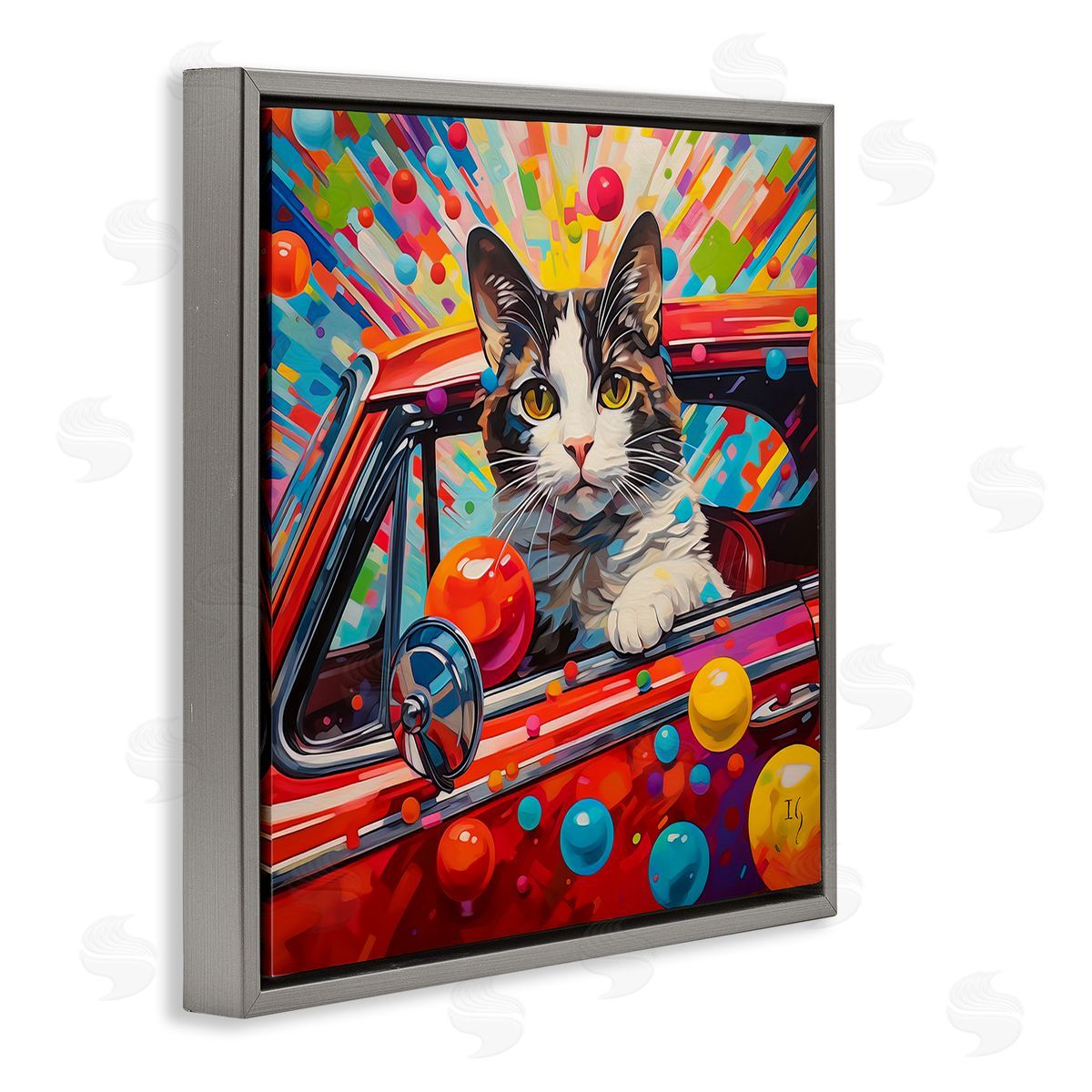 Driving Cat with Bold Pattern Grey Floating Frame Canvas Wall Art, Home Decor by Ivan Guaderrama