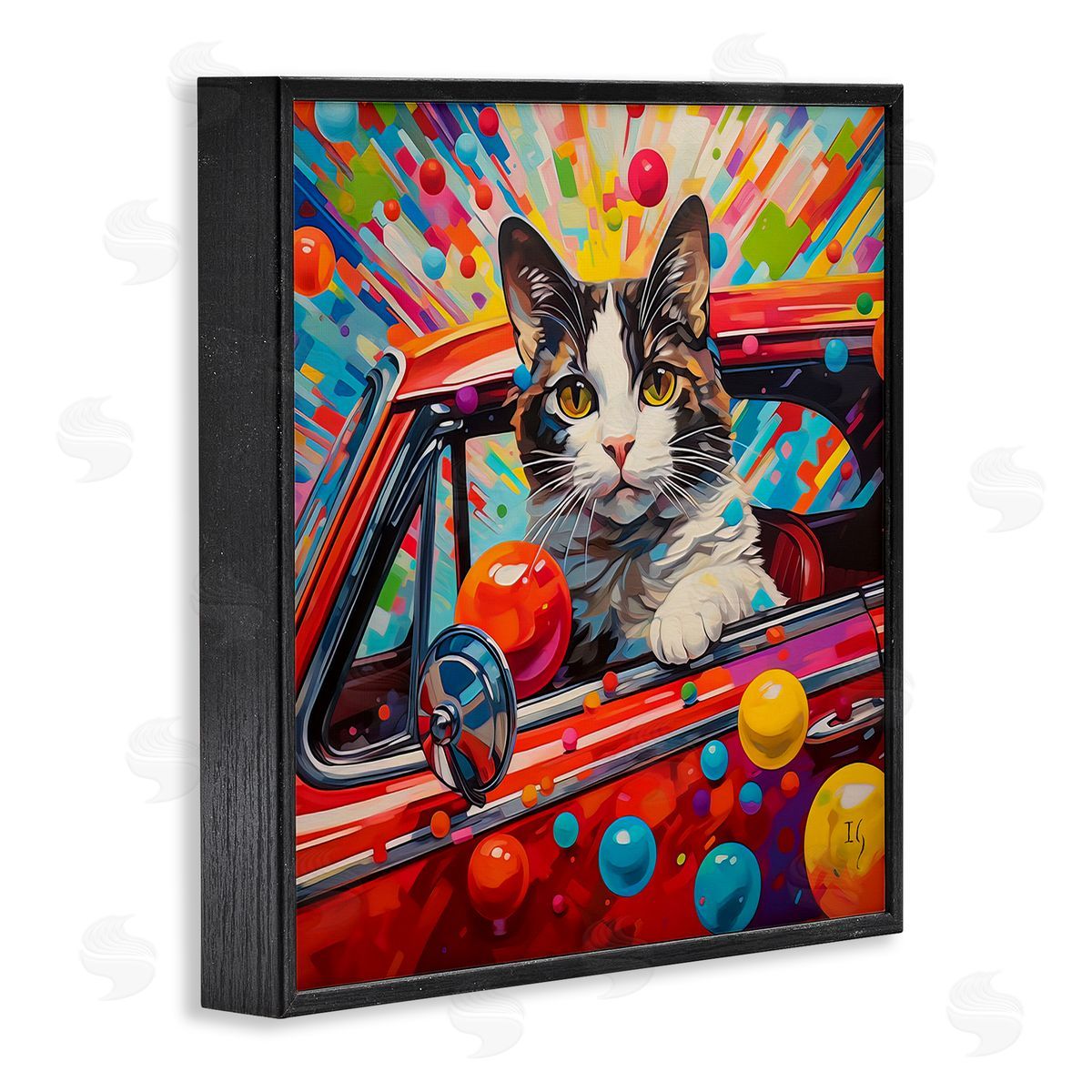 Driving Cat with Bold Pattern Black Frame Print Wall Art, Home Decor by Ivan Guaderrama