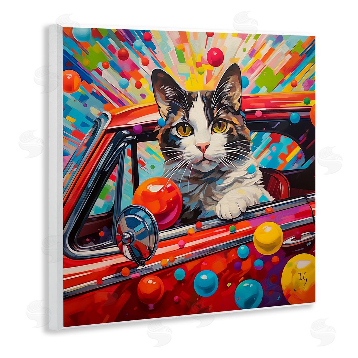 Driving Cat with Bold Pattern Wood Plaque Wall Art, Home Decor by Ivan Guaderrama