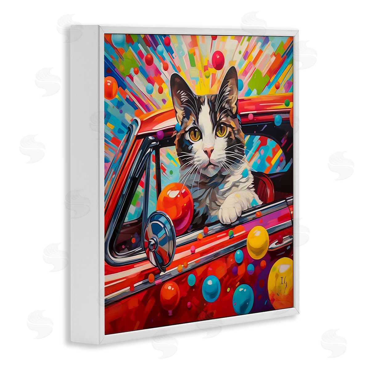 Driving Cat with Bold Pattern White Frame Print Wall Art, Home Decor by Ivan Guaderrama