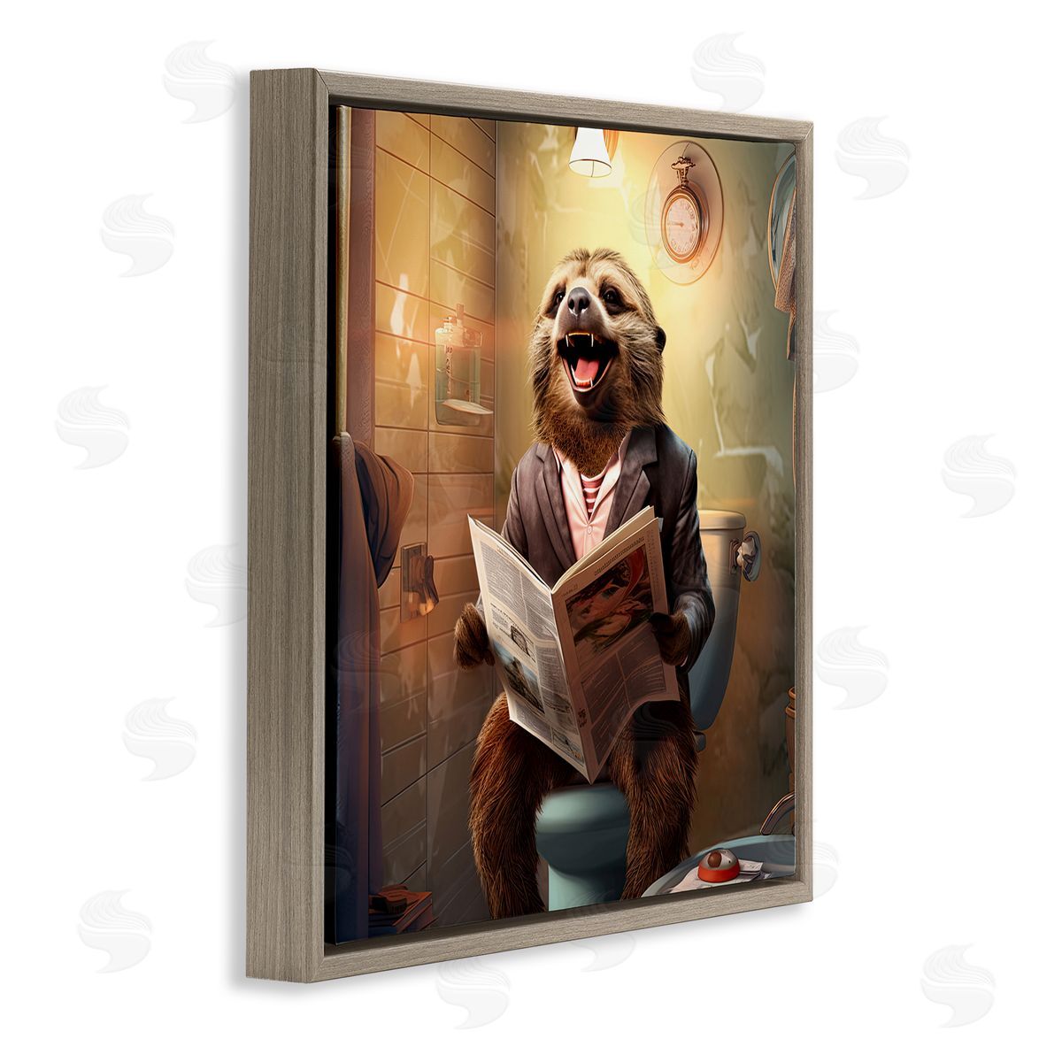 Smiling Sloth on Toilet Brown Floating Frame Canvas Wall Art, Home Decor by Jim Baldwin