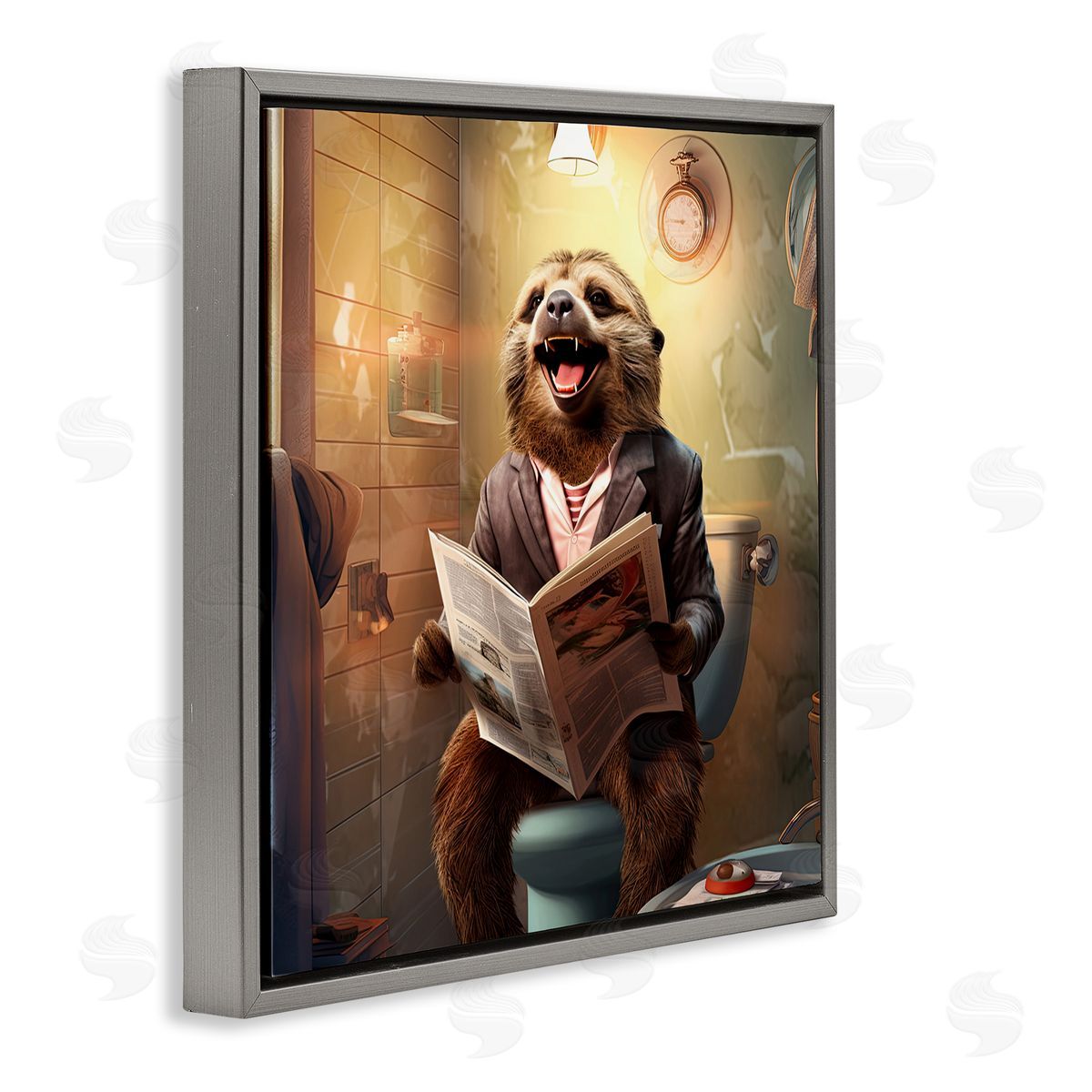 Smiling Sloth on Toilet Grey Floating Frame Canvas Wall Art, Home Decor by Jim Baldwin