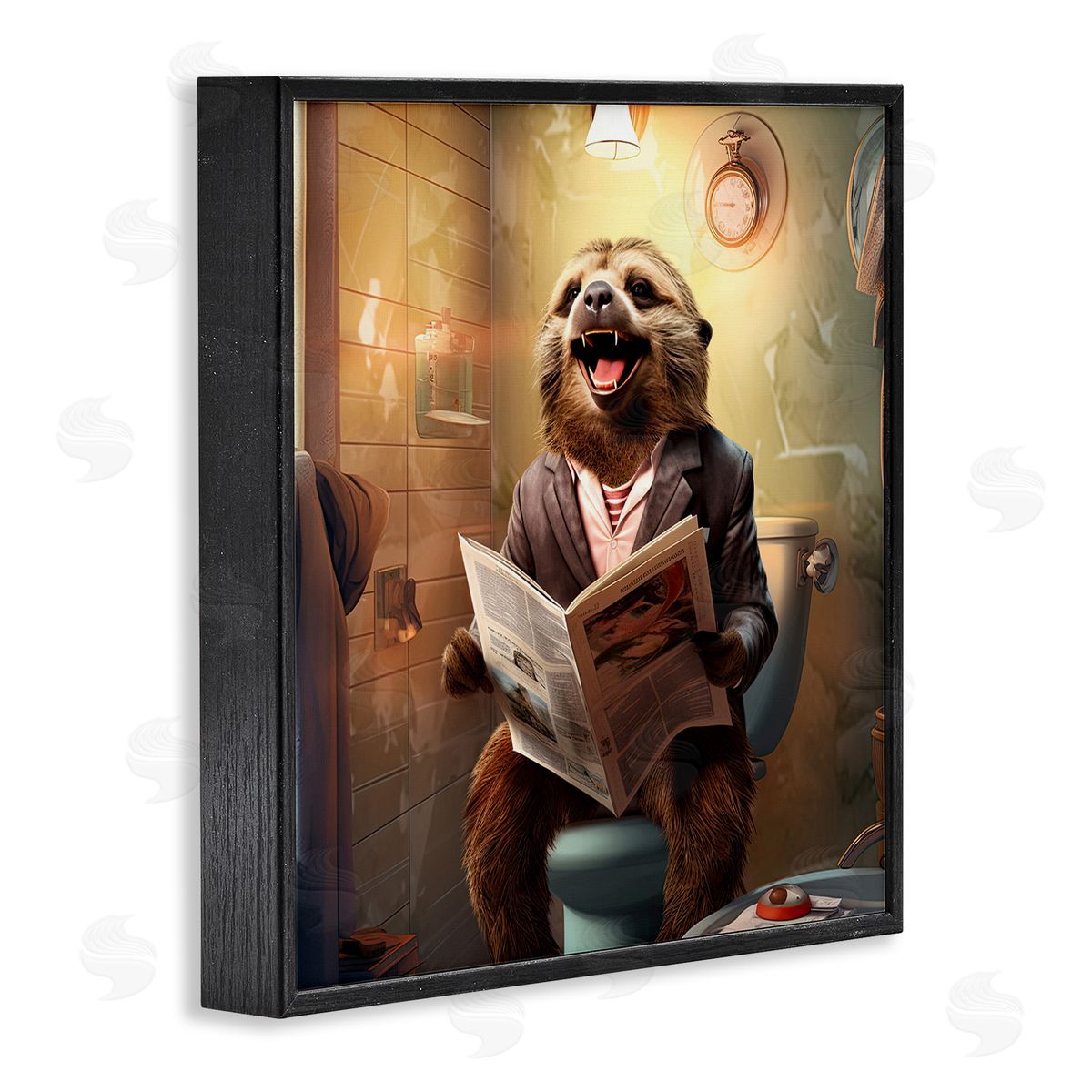 Smiling Sloth on Toilet Black Frame Print Wall Art, Home Decor by Jim Baldwin
