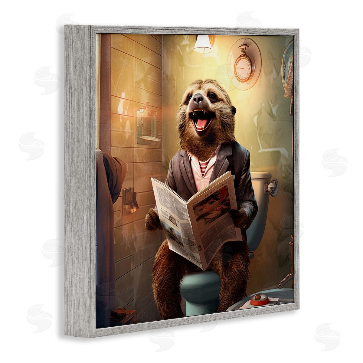 Smiling Sloth on Toilet Grey Frame Print Wall Art, Home Decor by Jim Baldwin