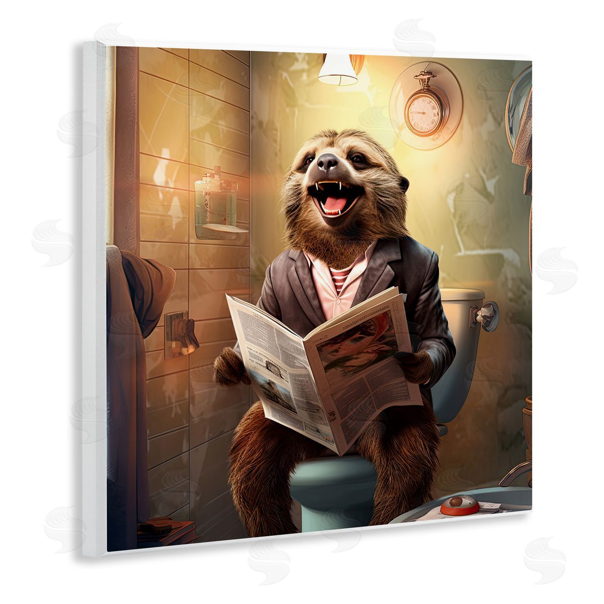 Smiling Sloth on Toilet Wood Plaque Wall Art, Home Decor by Jim Baldwin