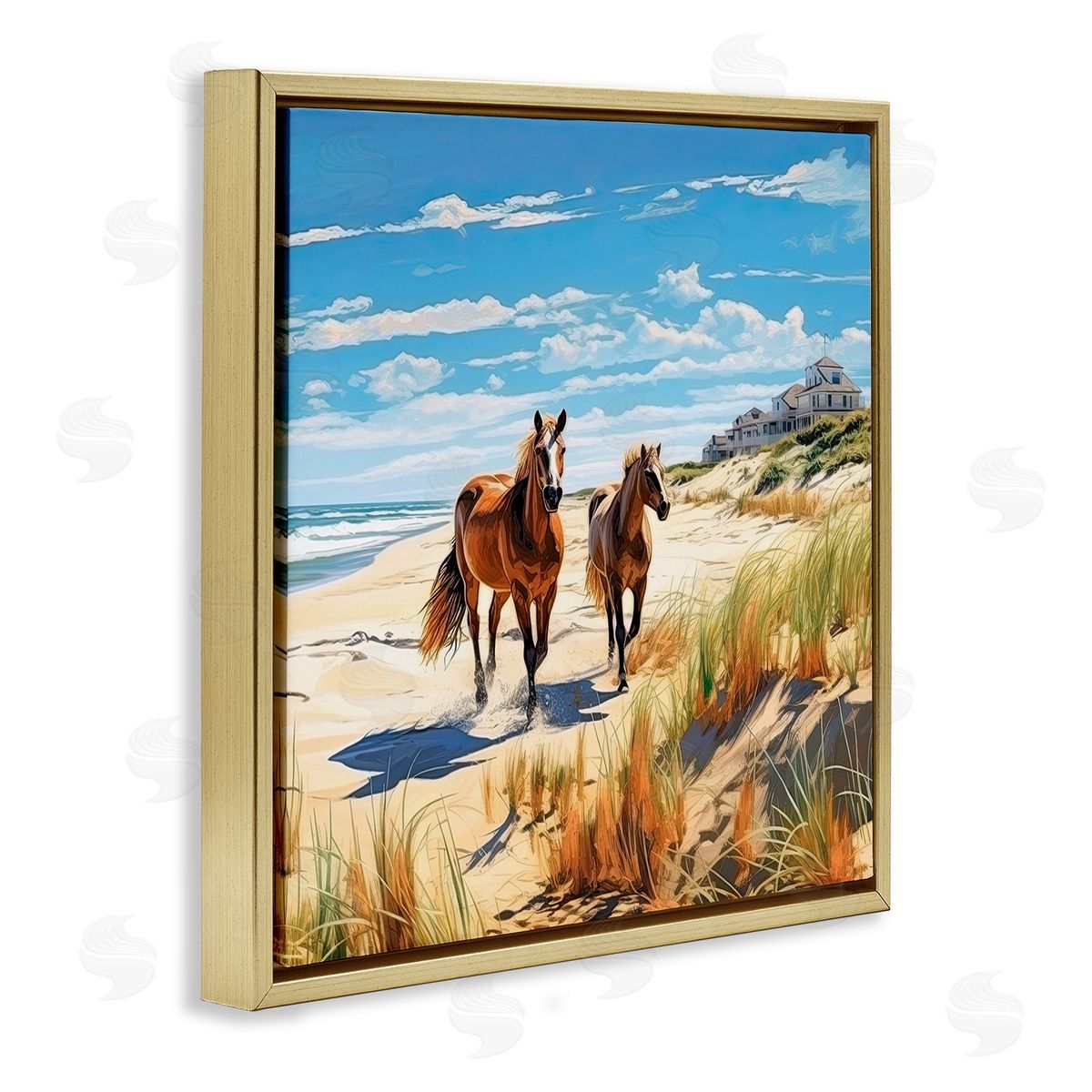 Galloping Beach Horses Gold Floating Frame Canvas Wall Art, Home Decor by Jim Baldwin