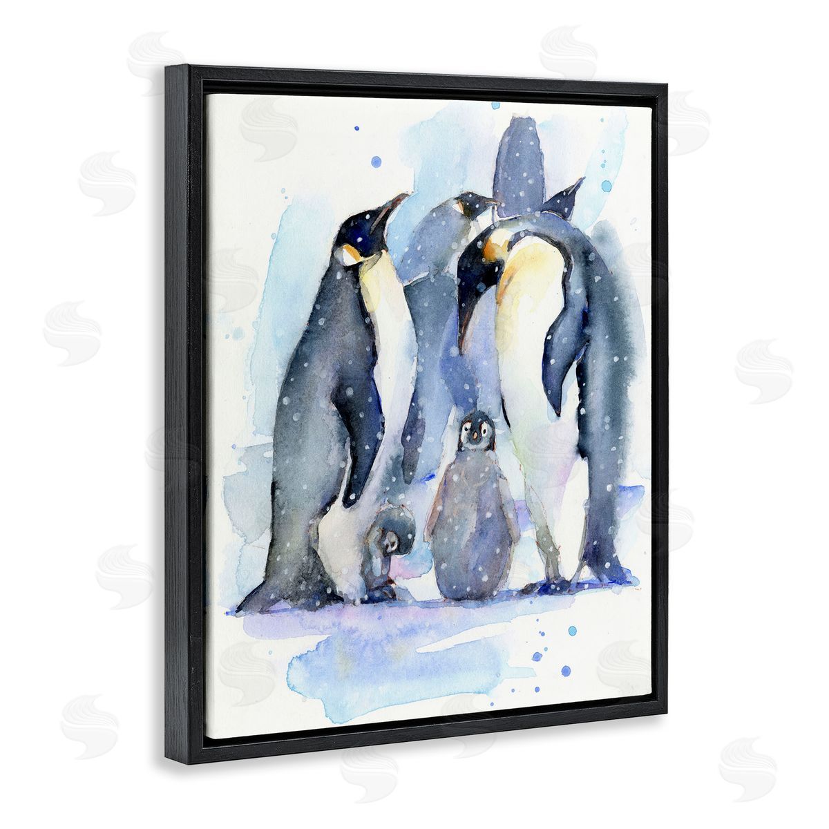 John Keeling Penguin Family Watercolor Black Floating Frame Canvas Wall Art Print