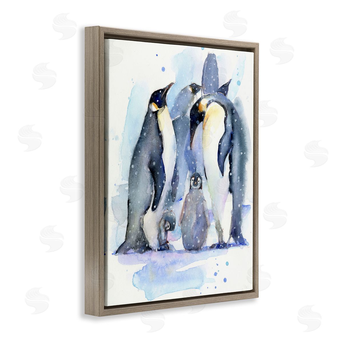John Keeling Penguin Family Watercolor Brown Floating Frame Canvas Wall Art Print
