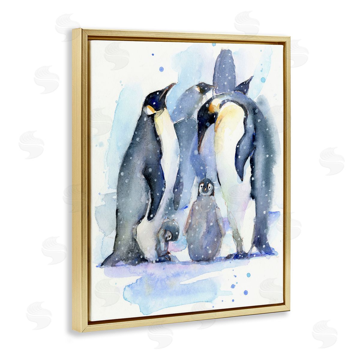 John Keeling Penguin Family Watercolor Gold Floating Frame Canvas Wall Art Print