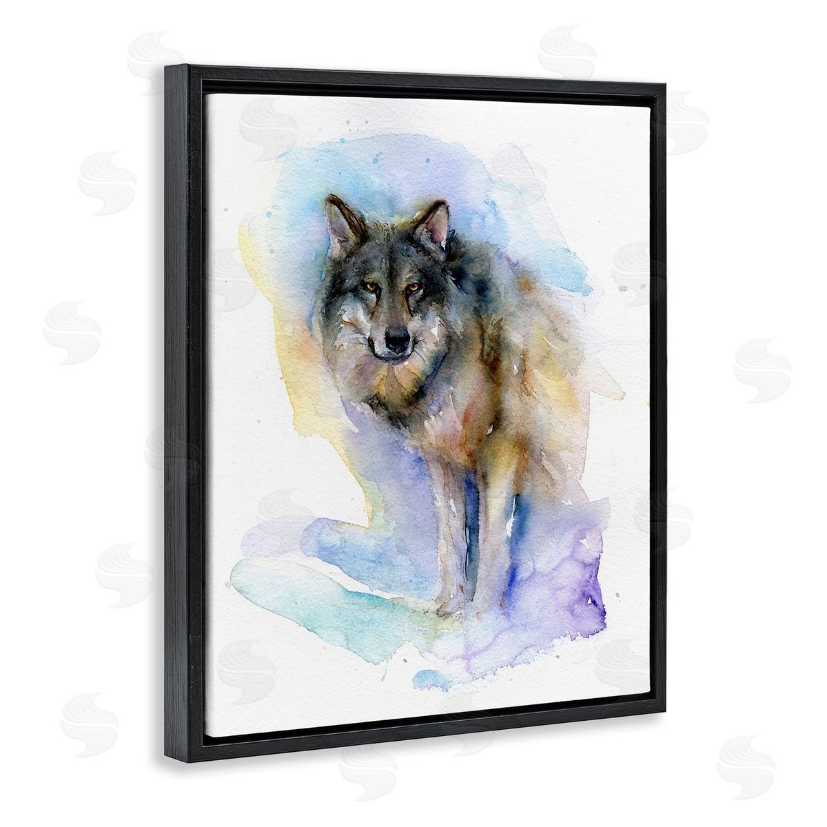 Watercolor Wolf in Snow Black Floating Frame Canvas Wall Art, Home Decor by John Keeling