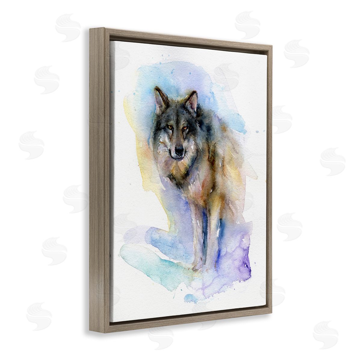 Watercolor Wolf in Snow Brown Floating Frame Canvas Wall Art, Home Decor by John Keeling