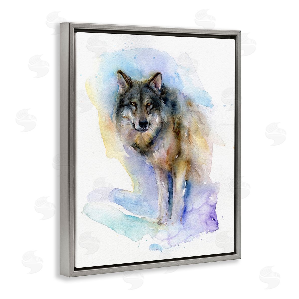 Watercolor Wolf in Snow Grey Floating Frame Canvas Wall Art, Home Decor by John Keeling