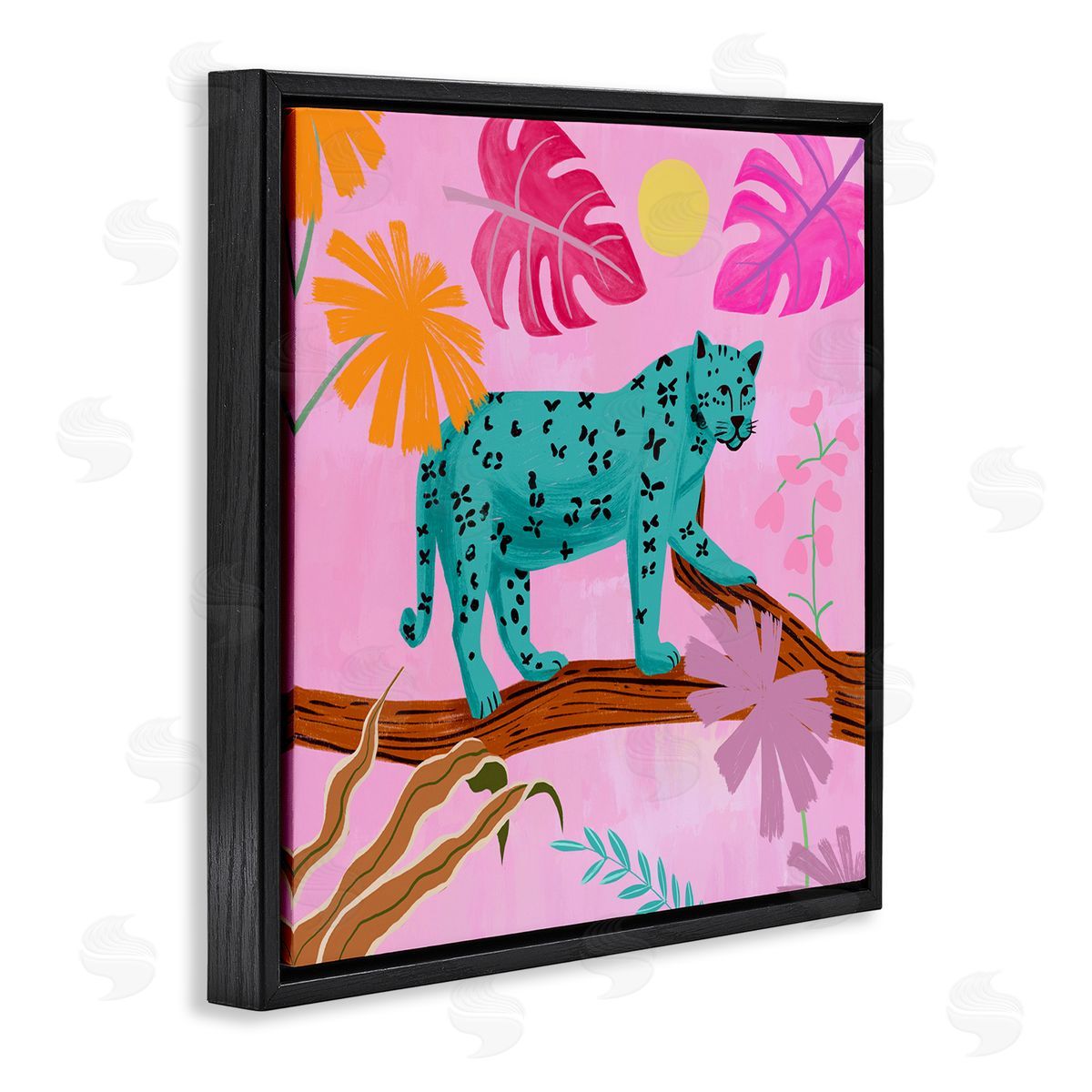 Patterned Leopard on Branch Black Floating Frame Canvas Wall Art, Home Decor by Juliet Rose Philips