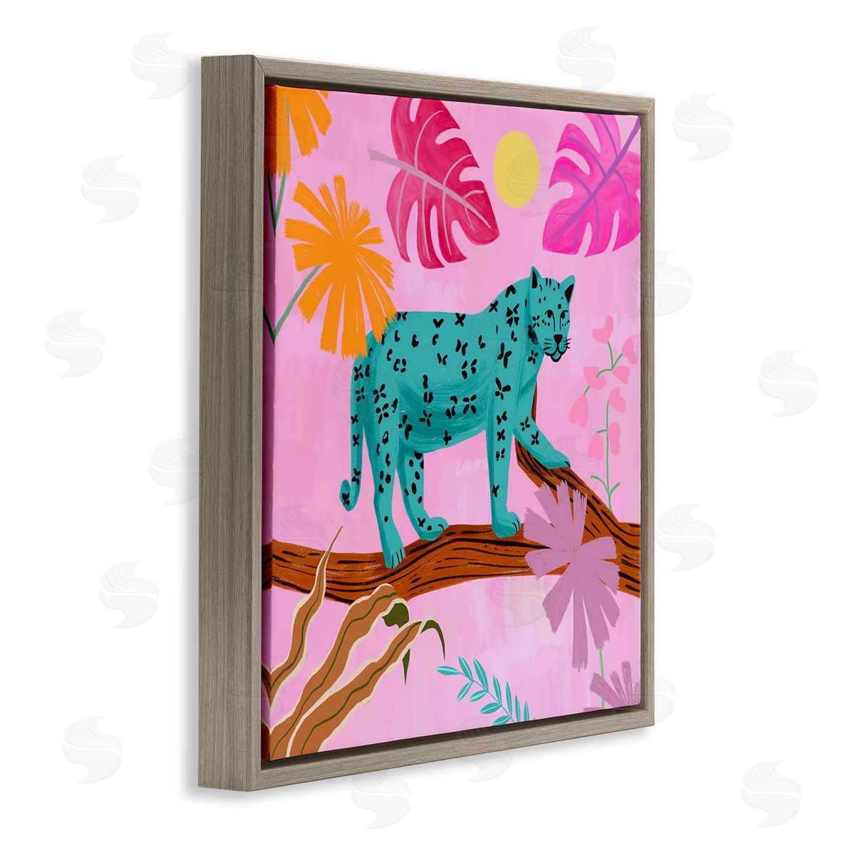 Patterned Leopard on Branch Brown Floating Frame Canvas Wall Art, Home Decor by Juliet Rose Philips