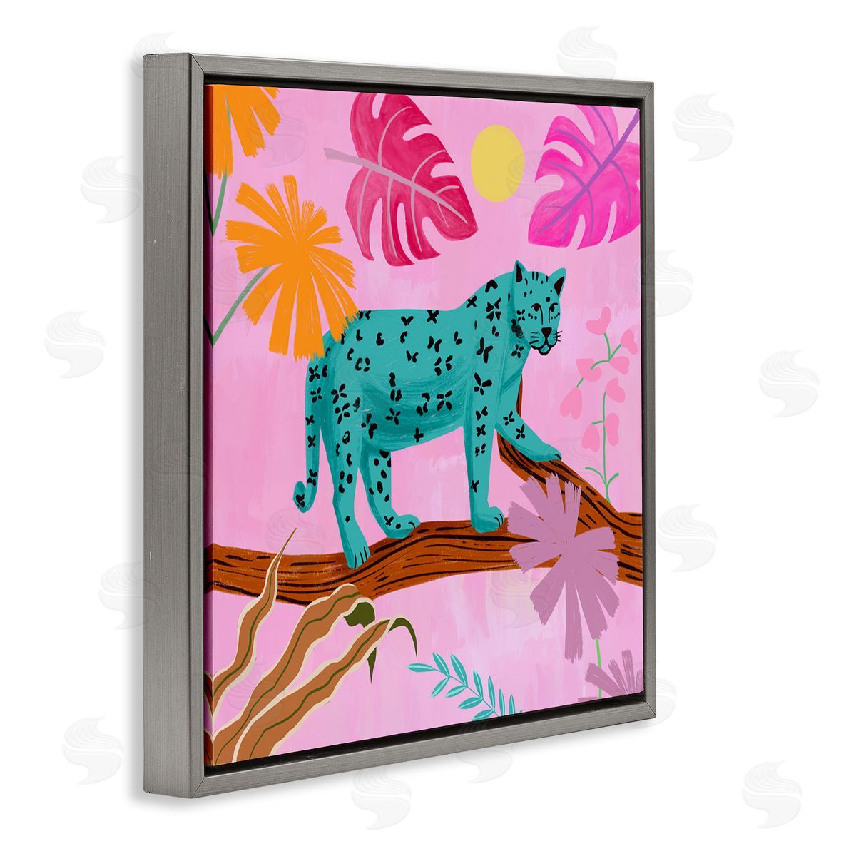 Patterned Leopard on Branch Grey Floating Frame Canvas Wall Art, Home Decor by Juliet Rose Philips