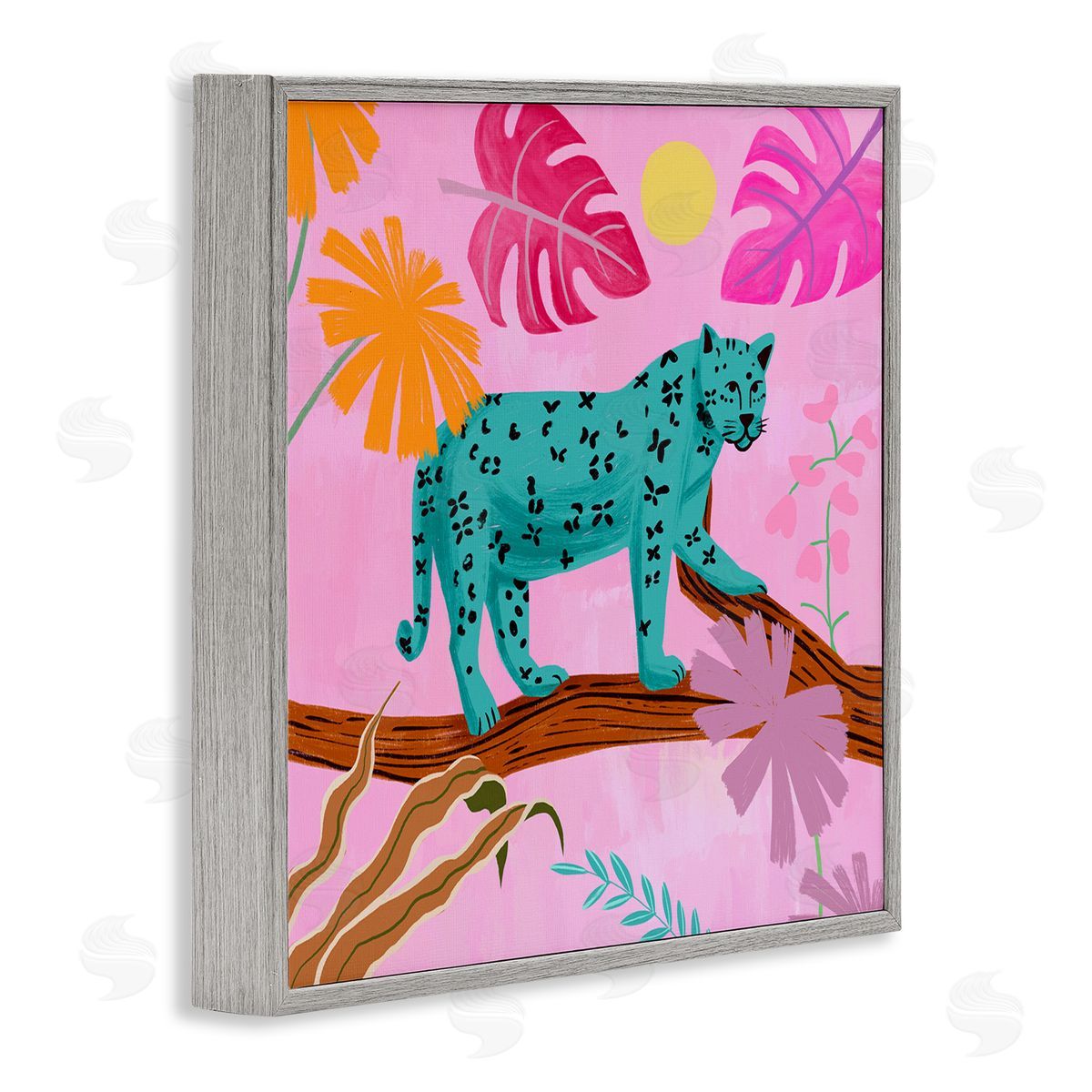 Patterned Leopard on Branch Grey Frame Print Wall Art, Home Decor by Juliet Rose Philips