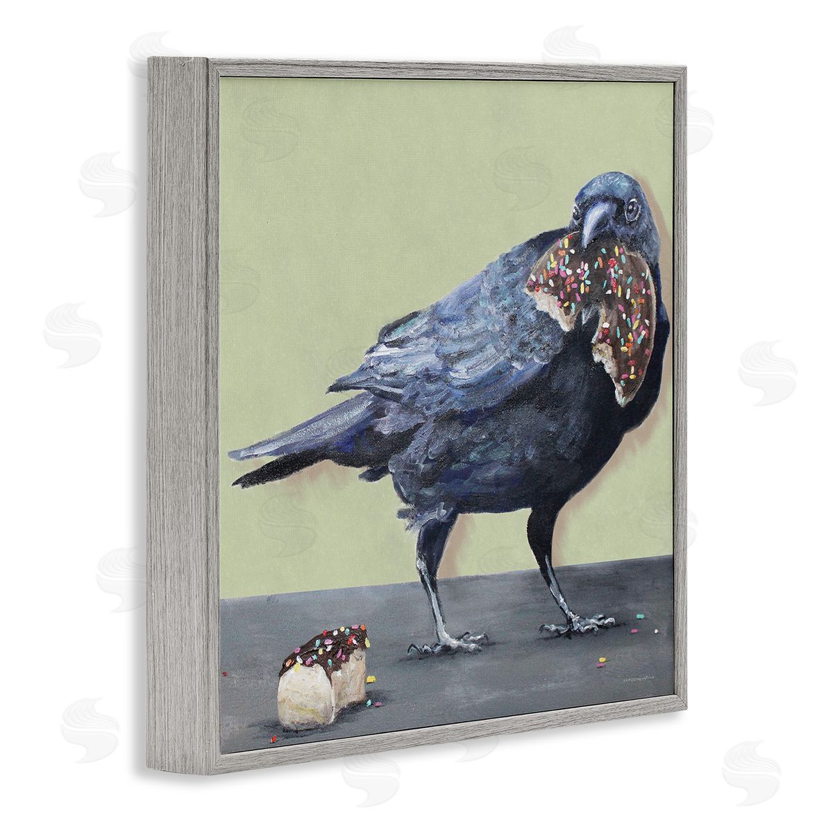 Crow Eating Donut Grey Frame Print Wall Art, Home Decor by Kamdon Kreations