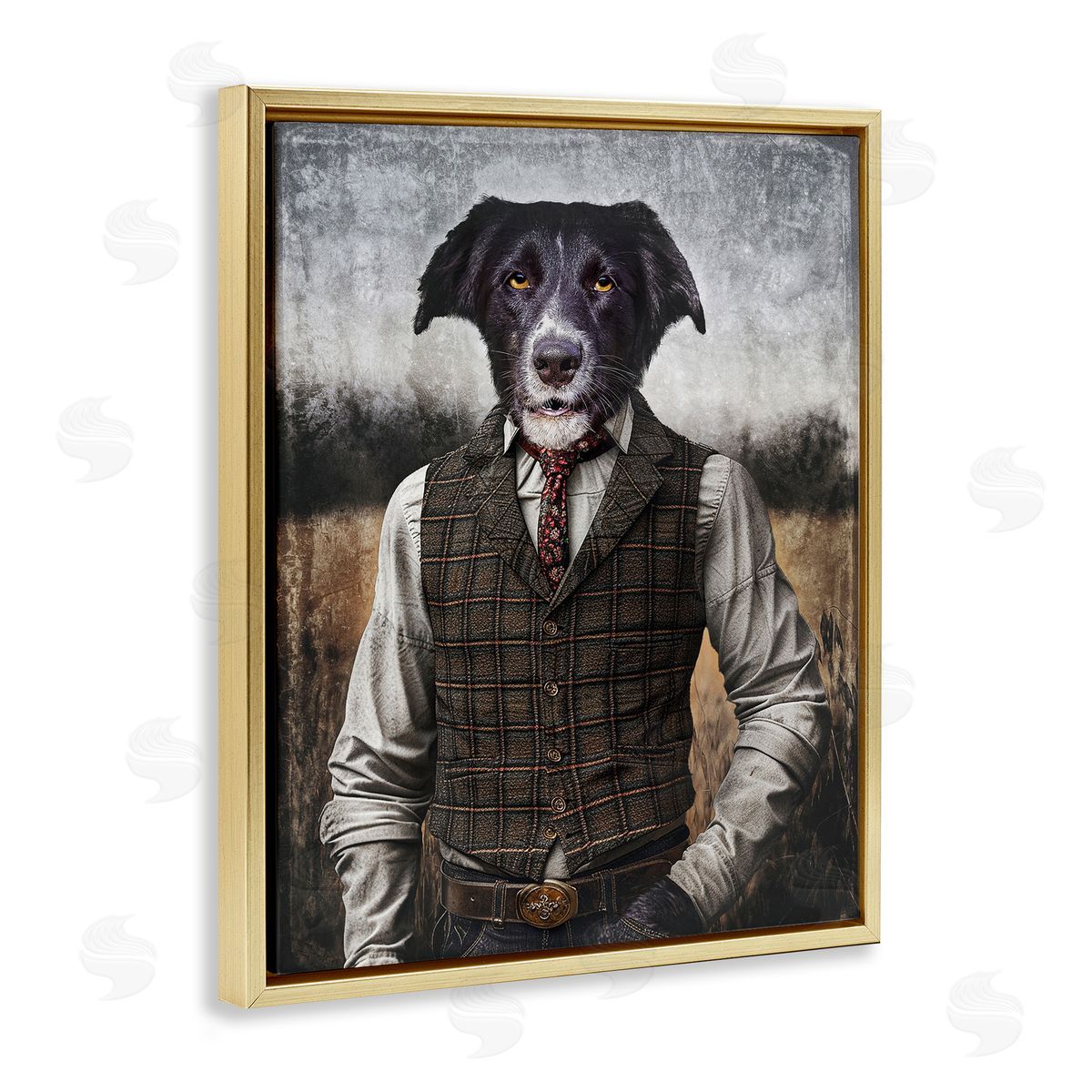 Dog in Colonial Clothes Gold Floating Frame Canvas Wall Art, Home Decor by Karen Burke