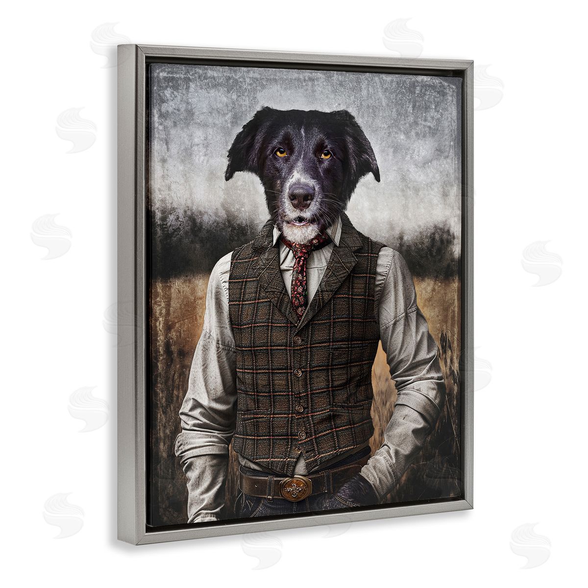 Dog in Colonial Clothes Grey Floating Frame Canvas Wall Art, Home Decor by Karen Burke
