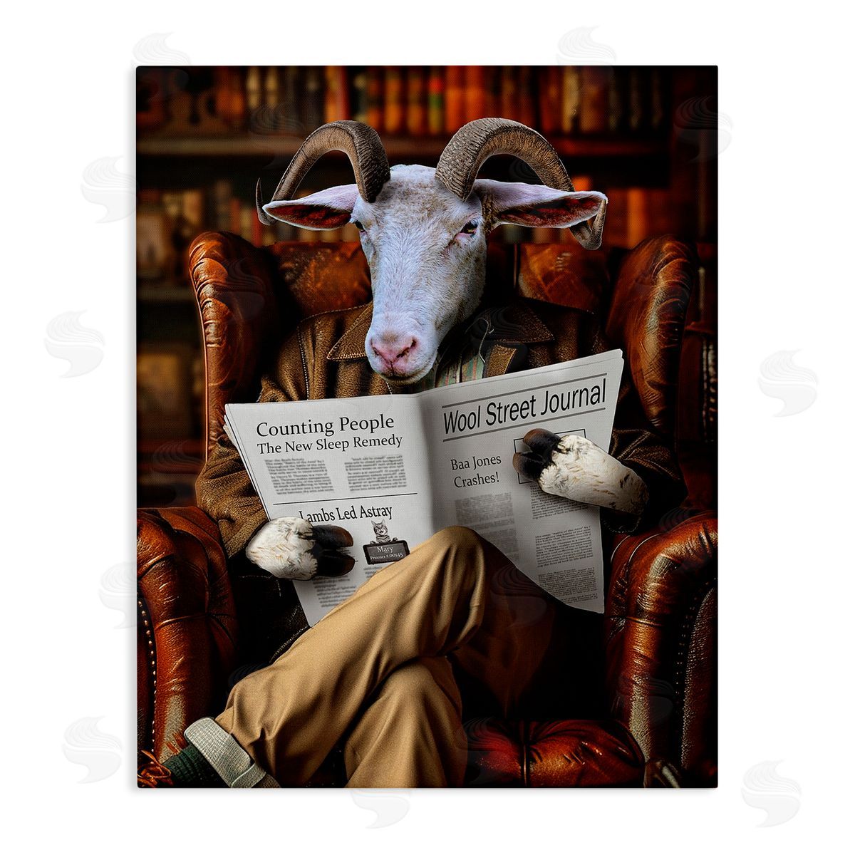 Goat in Vintage Library Canvas Wall Art, Home Decor by Karen Burke