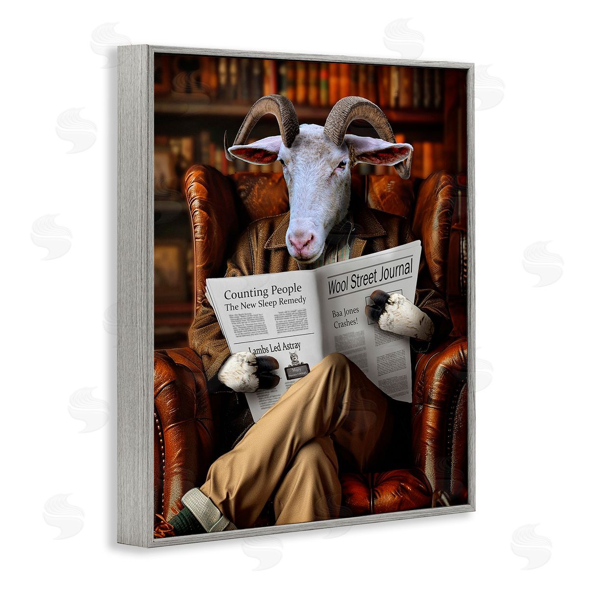 Goat in Vintage Library Grey Frame Print Wall Art, Home Decor by Karen Burke