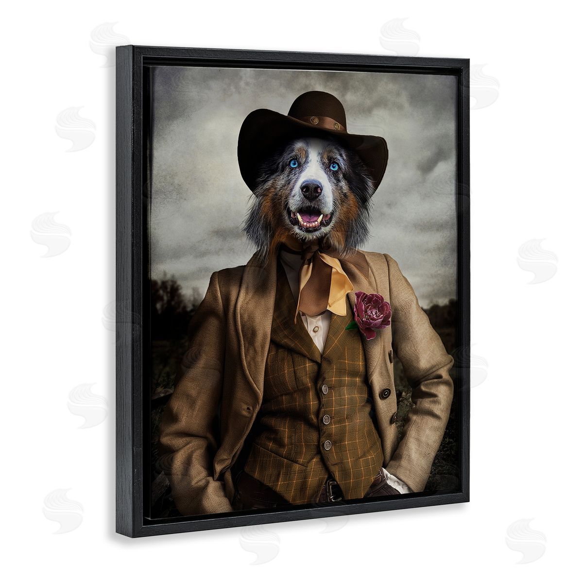 Colonial Fashion Dog Black Floating Frame Canvas Wall Art, Home Decor by Karen Burke