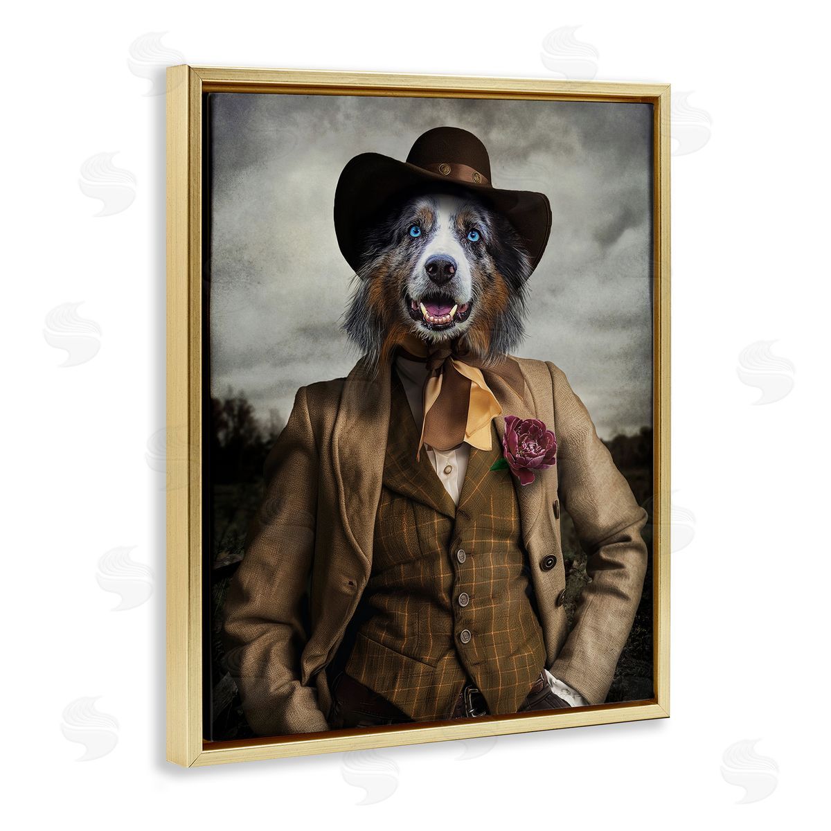 Colonial Fashion Dog Gold Floating Frame Canvas Wall Art, Home Decor by Karen Burke