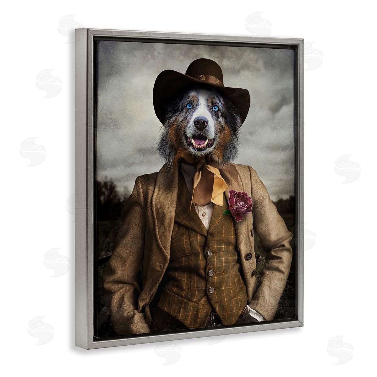 Colonial Fashion Dog Grey Floating Frame Canvas Wall Art, Home Decor by Karen Burke