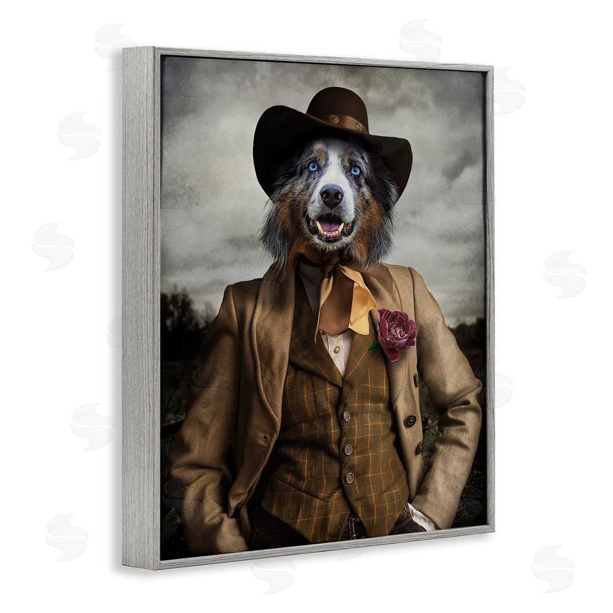 Colonial Fashion Dog Grey Frame Print Wall Art, Home Decor by Karen Burke