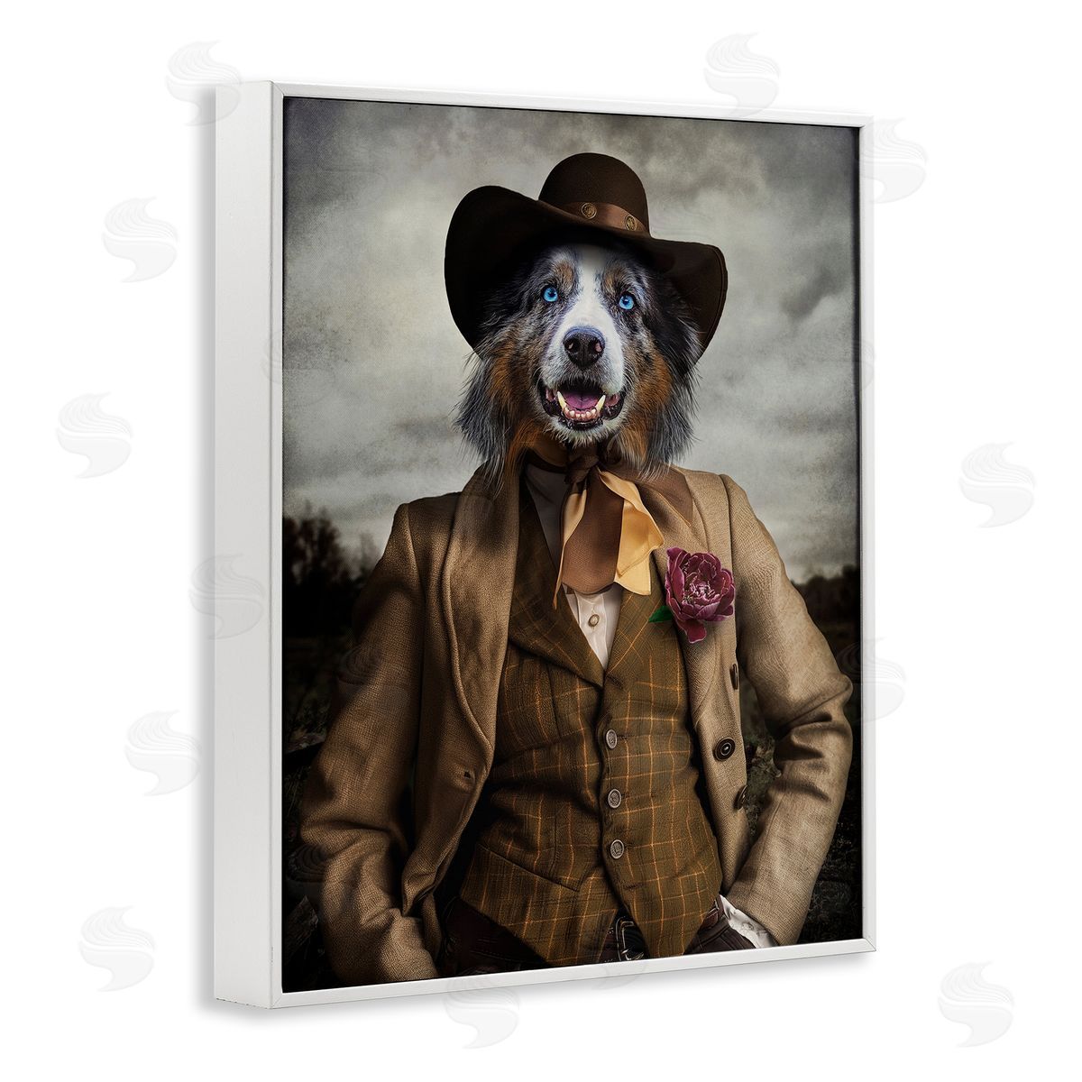 Colonial Fashion Dog White Frame Print Wall Art, Home Decor by Karen Burke