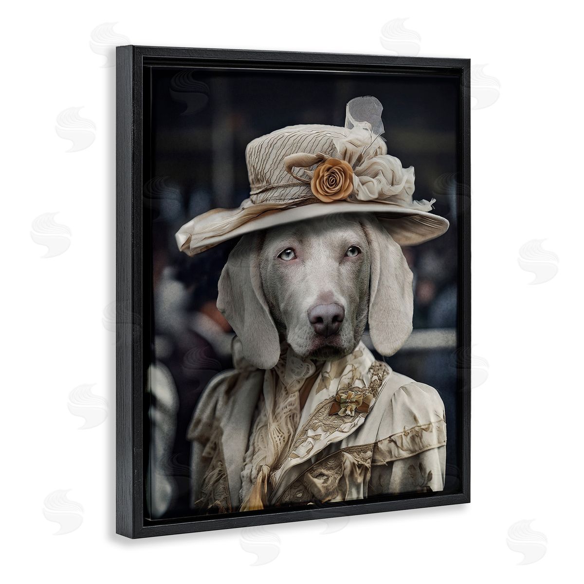 Dog with Floral Hat Black Floating Frame Canvas Wall Art, Home Decor by Karen Burke