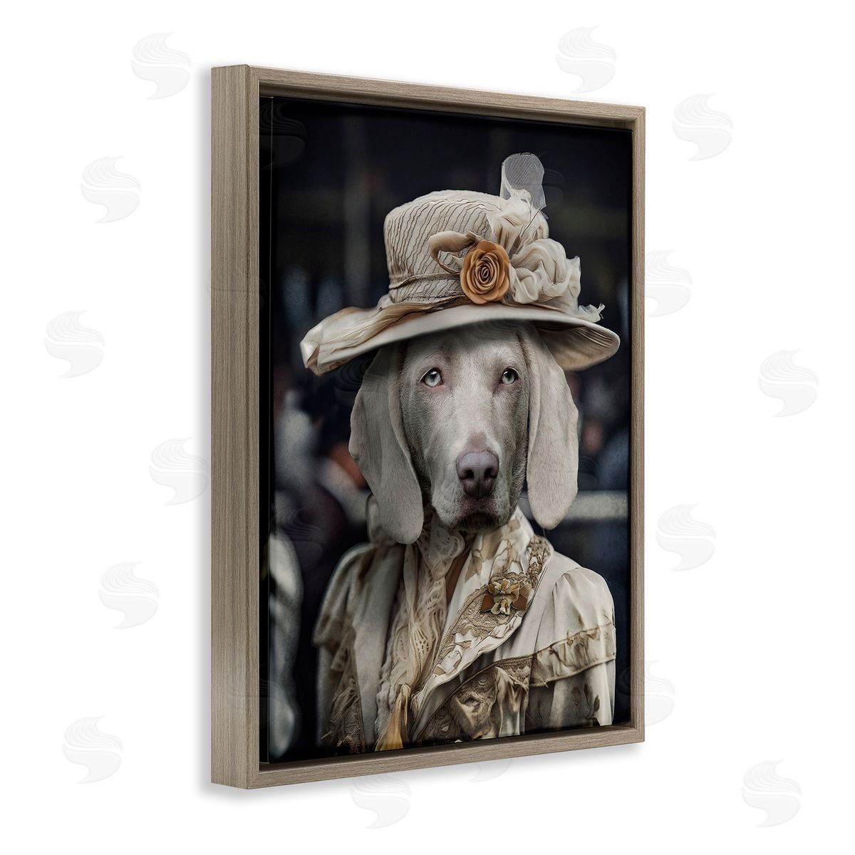 Dog with Floral Hat Brown Floating Frame Canvas Wall Art, Home Decor by Karen Burke
