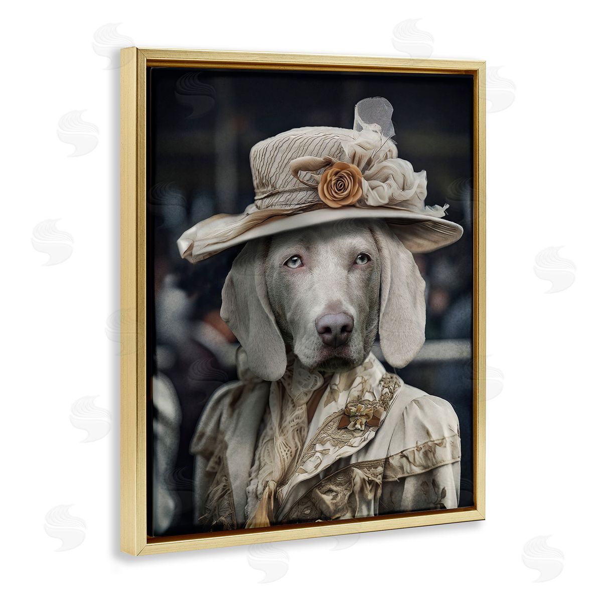 Dog with Floral Hat Gold Floating Frame Canvas Wall Art, Home Decor by Karen Burke