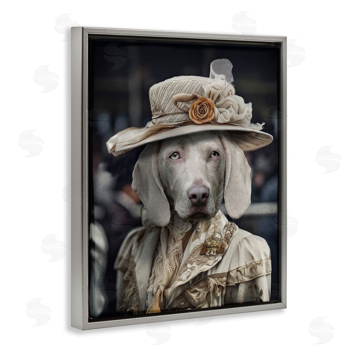Dog with Floral Hat Grey Floating Frame Canvas Wall Art, Home Decor by Karen Burke