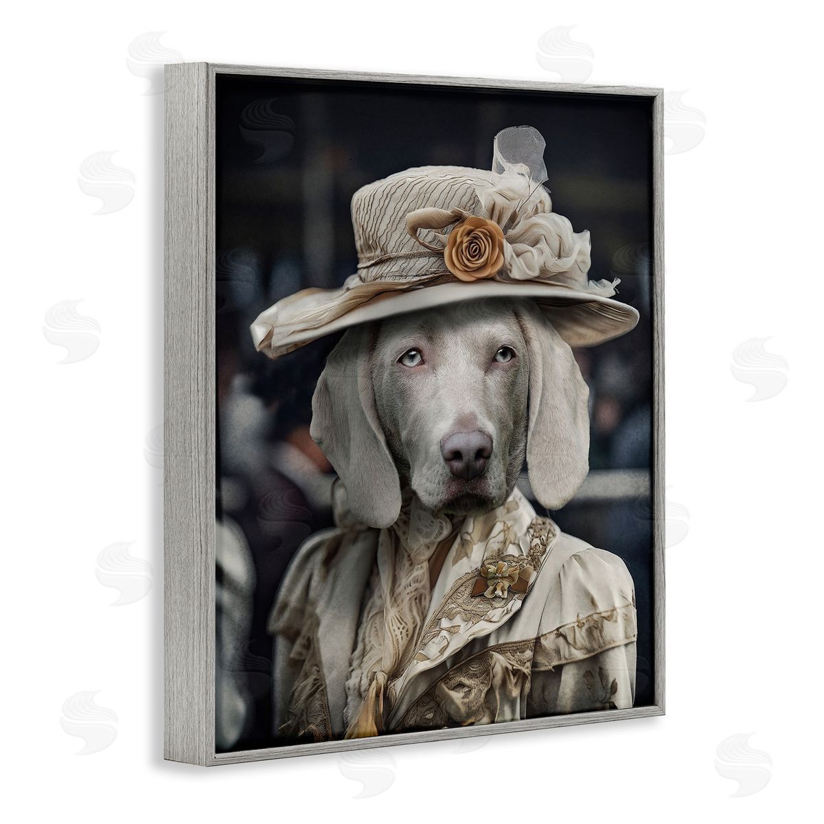 Dog with Floral Hat Grey Frame Print Wall Art, Home Decor by Karen Burke